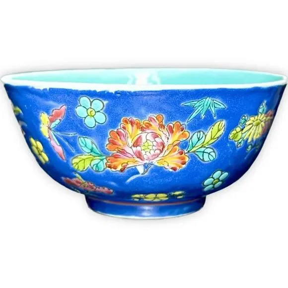 Vintage Famille Rose Blue Ground Millefleur Porcelain Rice Bowl & Spoon - Picture 9 of 10